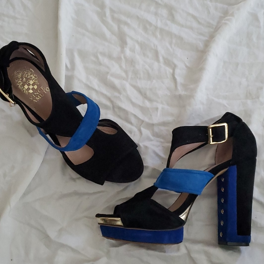 Black/Blue suede art deco block heels